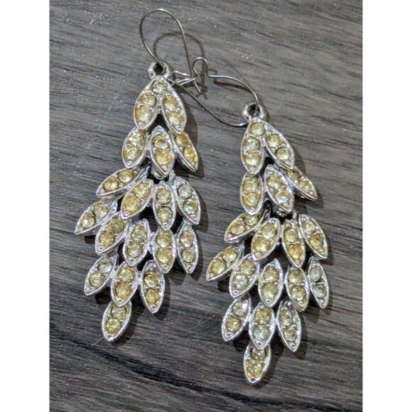 Rhinestone Silver Leaf Earrings & Matching Brooch Set  Bold Sparkly Style For Al - Picture 3 of 6